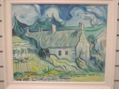 An oil painting on board, David Stephen Budden, cottages, attributed verso, 49 x 59cm, plus frame