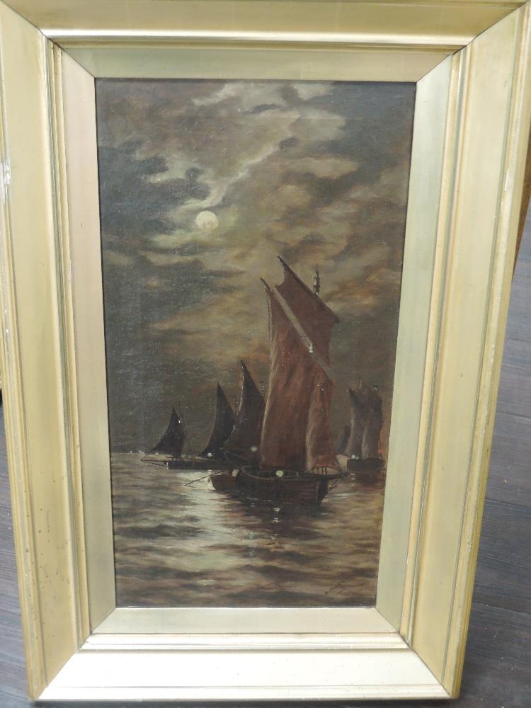 A pair of oil paintings, E Clegg, moonlit sails, signed and dated 1910, 60 x 30cm, plus frame and