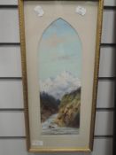 An oil painting, Continental mountain and river landscape, 35 x 12cm, plus frame and glazed