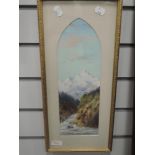An oil painting, Continental mountain and river landscape, 35 x 12cm, plus frame and glazed