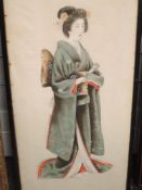 A pair of fabric paintings, Japanese geisha, early C2oth, 80 x 33cm, plus frame