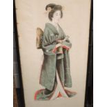 A pair of fabric paintings, Japanese geisha, early C2oth, 80 x 33cm, plus frame