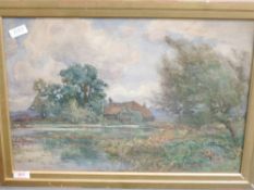 A watercolour, S Grant Rowe, Surrey farmstead and mill pond, signed, 35 x 49cm, plus frame and