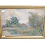 A watercolour, S Grant Rowe, Surrey farmstead and mill pond, signed, 35 x 49cm, plus frame and