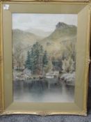 A watercolour, E J Duval, mountain and river landscape, 69 x 48cm, plus frame and glazed