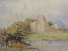 A watercolour, C R Yates, castle and river landscape, possibly Richmond, 24 x 34cm, plus frame and