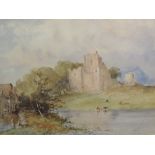 A watercolour, C R Yates, castle and river landscape, possibly Richmond, 24 x 34cm, plus frame and