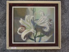 An oil painting on board, attributed to Tuson, lillies, attributed, signed and dated 1962 verso,