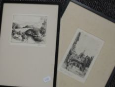 Two etchings, inc Edward, London, 17 x 10cm, and three engravings, inc, Derwentwater, C19th, 19 x