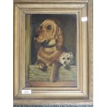 An oil painting on board, Dignity and Impudence, dog interest, 28 x 20cm, plus frame