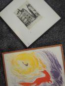 An etching, Walter Keesey, Paris, signed, 22 x 16cm, and a print, fox, 33 x 44cm, each plus frame