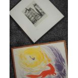 An etching, Walter Keesey, Paris, signed, 22 x 16cm, and a print, fox, 33 x 44cm, each plus frame