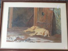 A watercolour, WCF, guard dog, clover monogram, 43 x 65cm, plus frame and glazed