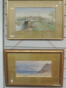 A watercolour, L Monkton, canal landscape, indistinctly signed, 21 x 36cm, plus frame and glazed,