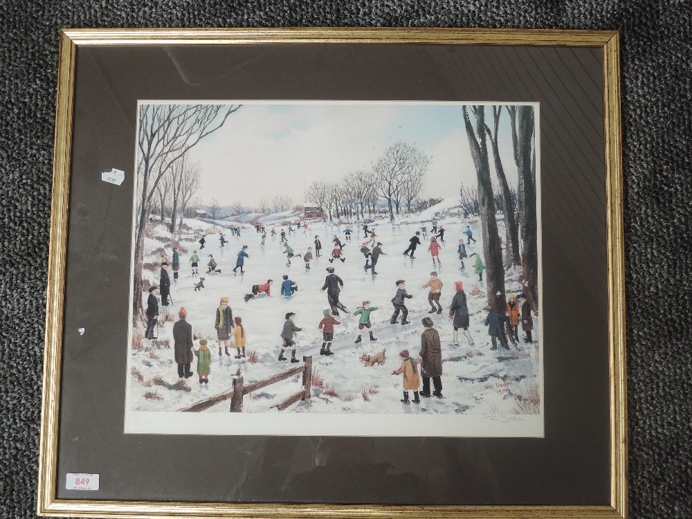 A print, after Tom Dodson, ice skating, signed, 36 x 44cm, plus frame and glazed