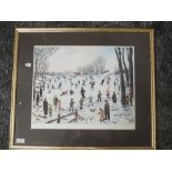 A print, after Tom Dodson, ice skating, signed, 36 x 44cm, plus frame and glazed