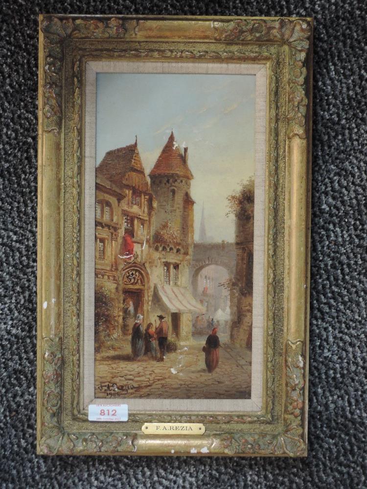 An oil painting on board, F A Rezia, Continental townscape, signed and dated 1905, 30 x 15cm, plus