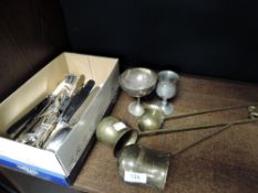 Three vintage brass measures/ladles, rum, brandy and whiskey, also included are two plated glasses