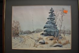 An original water colour depicting a winter farmstead