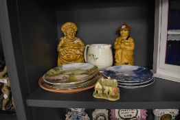 A selection of ceramic display plates by Royal Doulton and similar also two Sadler jars