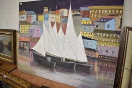 A large abstract acrylic of canvas of a ship in dock also a pheasant print and Heaton Cooper print