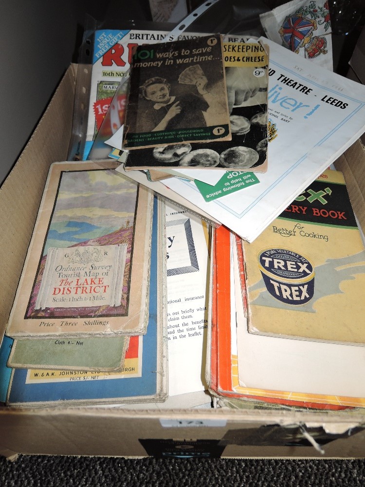 A mixed box of ephemera including cookery and WW2 pamphlets,maps and much more.