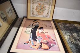 An embroidery style print of two geisha girls and a similar alphabet sampler