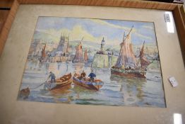 Two original water colour one depicting busy harbour and a similar country scene