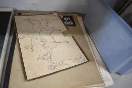 A vintage sketch pad containing pen and ink pictures and copper plate prints