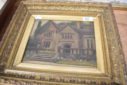 An original oil on canvas of a house entrance in a gilt and gesso frame