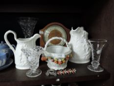 A selection of fine ceramics and glass wares including porcelain fruit bowl and pair of