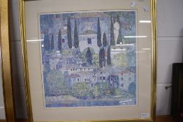 An impressionist print of continental houses after Gustav Klimt