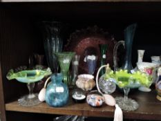 A selection of studio art glass and antique including a pair of footed vaseline glass tazza