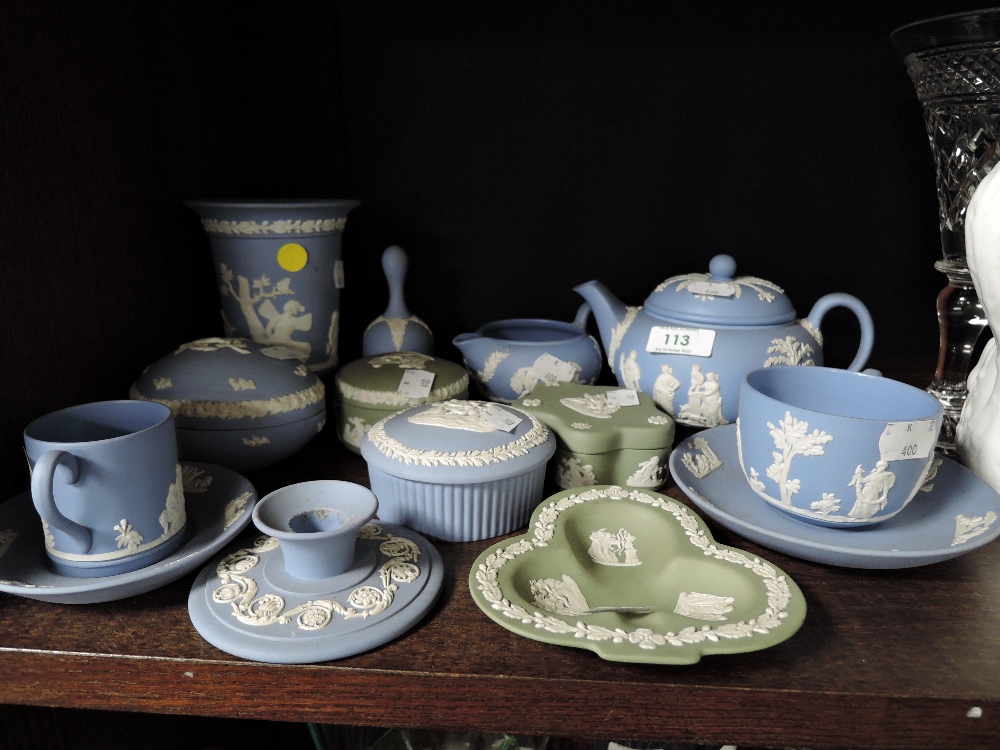 A selection of ceramics by Wedgwood in the Jasperware design including sage green and blue tea pot