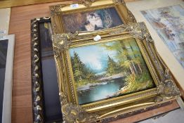 A selection of prints and art work in gilt and gesso style frames