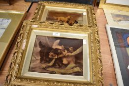 Two antique crystoleum depicting cats and dogs after Cheviot