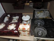 A selection of Royal Albert old country roses items and a boxed set of Ravenhead whitefire glass