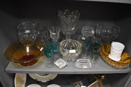 A selection of various crystal cut and pressed glass including yellow amber fruitbowl