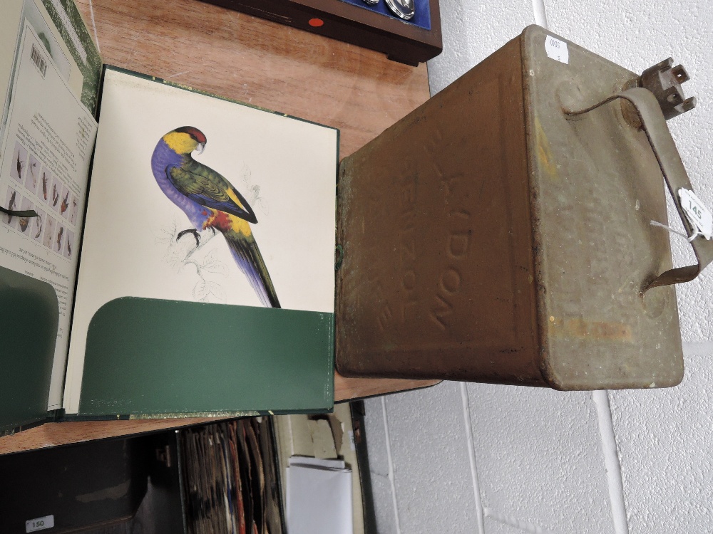A vintage Blaydon benzol mixture can and a collectors portfolio of Lears parrots.