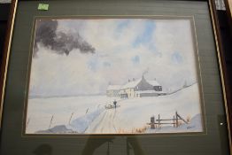 An original water colour depicting a winter farmstead