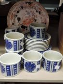 A selection of Midwinter blue dahlia cups, saucers and side plates, also one Masons plate.