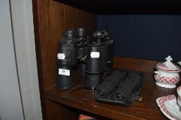 Three pairs of binoculars including Viper 12x50, Yellow stone 10x50 and Halina