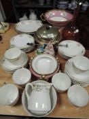 a mixed lot of vintage ceramics, red glass decanter and more.