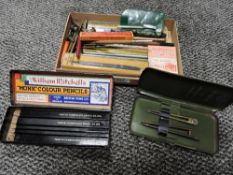 A box of vintage pencils, compasses and more, included is a Conway Stewart 75 fountain pen and a