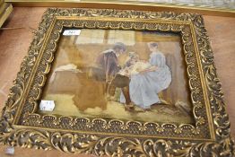 A crystoleum of a Tudor household in gilt and gesso frame