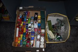 Two boxes of playworn diecasts including Matchbox, Corgi and similar along with a Sutcliffe tin