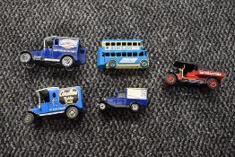 Five modern diecasts, Lledo Barclays Bus, Matchbox Model T Vans, Ever Ready & Cerebos Table Salt,