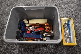 A box of Dinky, Corgi and similar playworn diecasts including Corgi Articulated Horse Box, Corgi