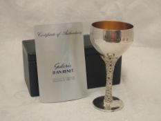 A cased 1970's silver goblet of modernist form by Christopher Lawrence having gilt interior,