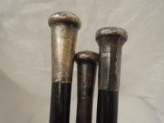 Three gentlemen's walking canes canes having HM silver knops